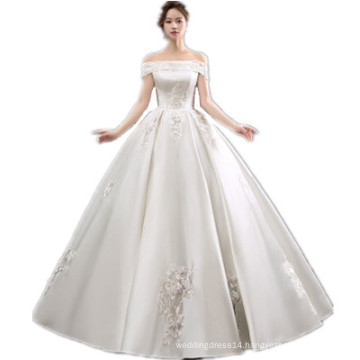 HQ190 Off Shoulder Designs Frocks for Bride Use Custom Make Pearls Floor Length Ball Gown Dress Puffy Satin Wedding Dress